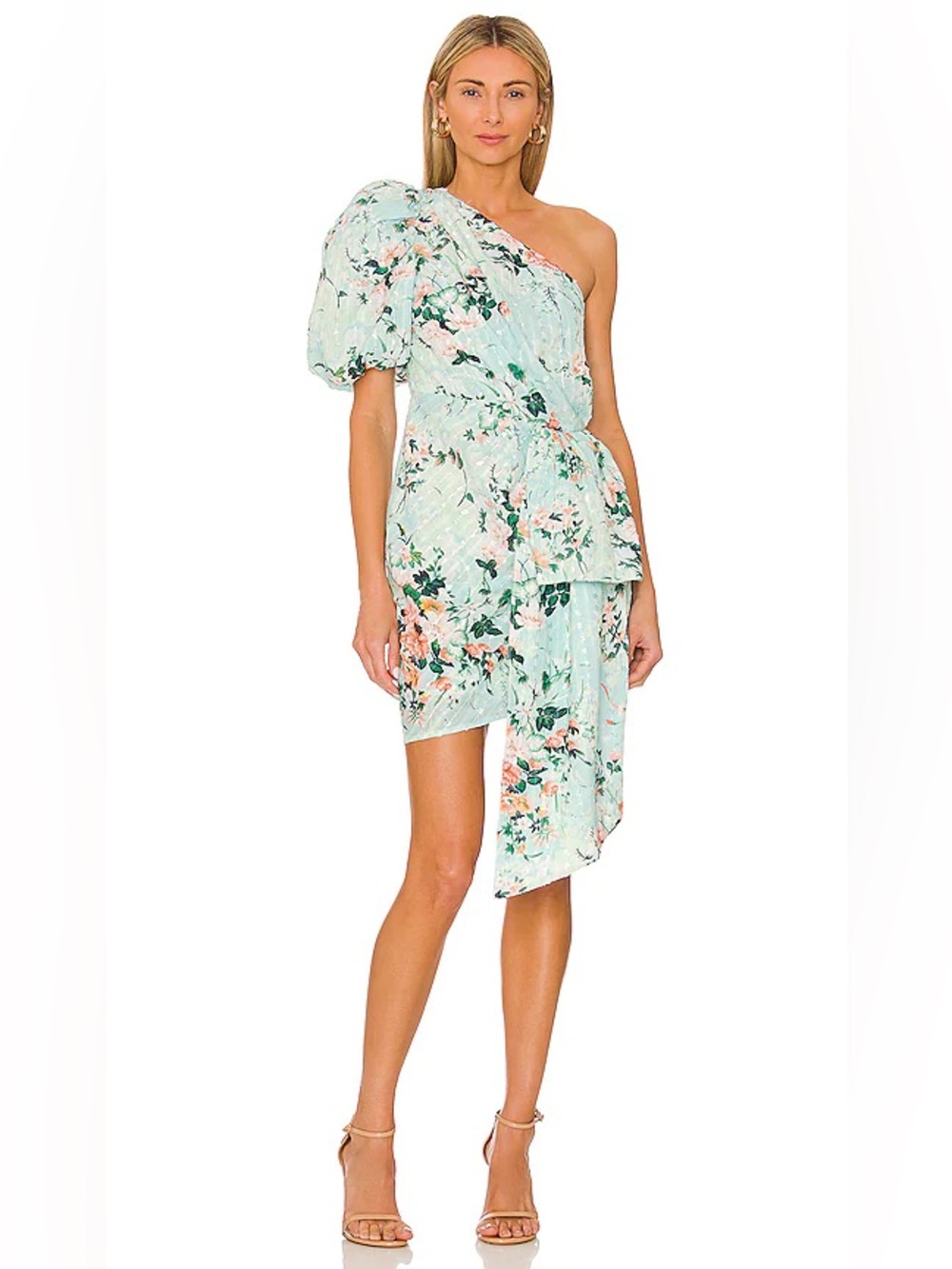 ELLIATT Esteem Floral One Shoulder Puff Sleeve Mini Dress in Mint Large NWT